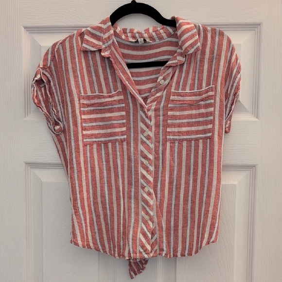 Lucky Brand XS Red and White Striped Button Down Shirt with Tie Back - Picture 2 of 10